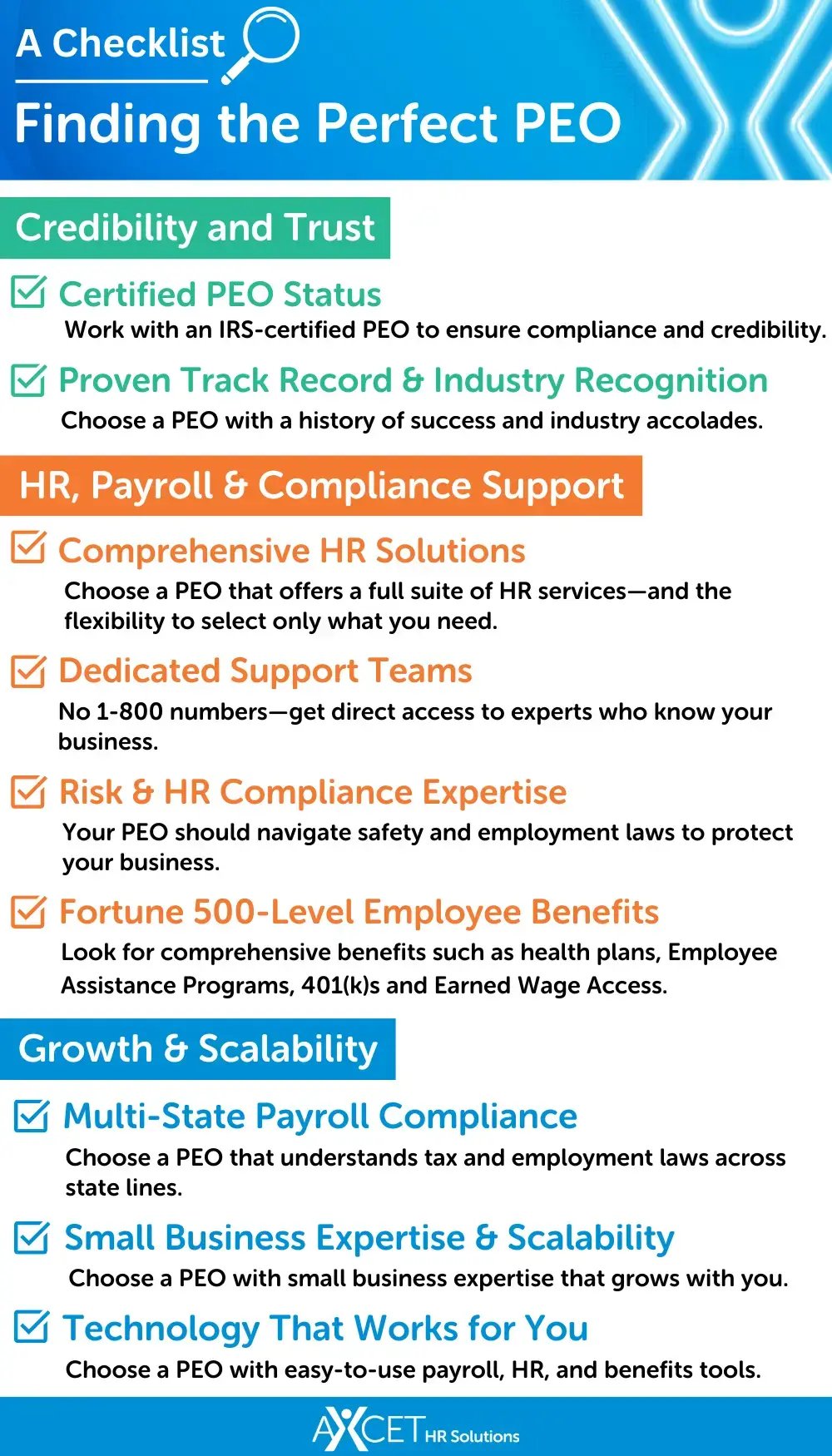 Checklist for small business owners showing what to look for when searching for the best PEO