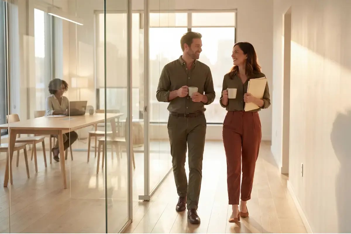 Two employees discuss an employee leave of absence while walking through an office.