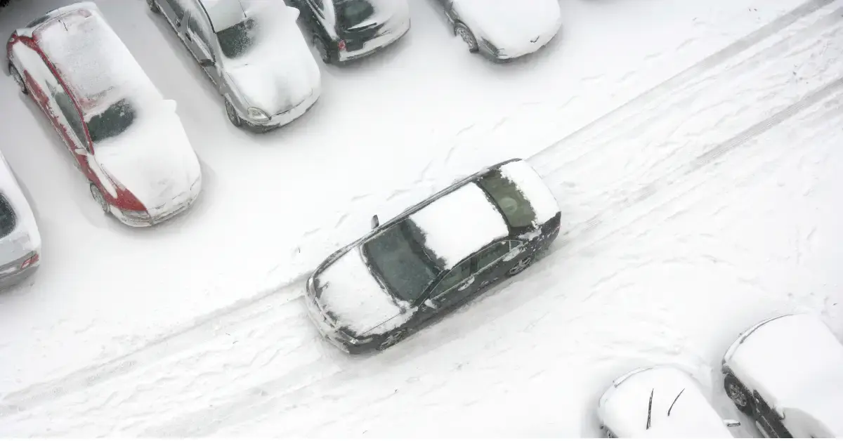 Snow covered parking lot at a workplace putting employees at risk of slip and fall injury.