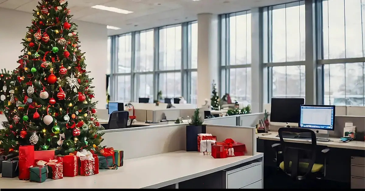 Empty office with Christmas tree highlighting employee performance during the holiday season.