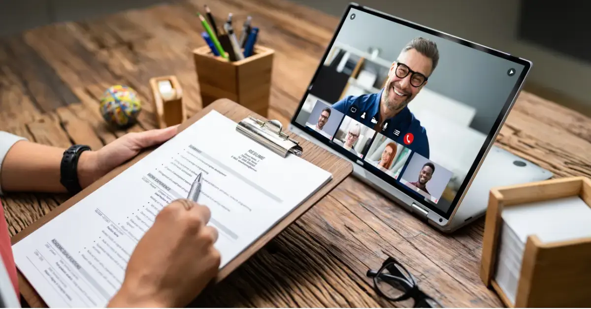 Hiring manager conducting a remote hiring interview at her small business